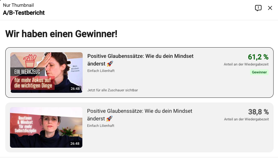 YouTube Studio A/B-Test Übersicht: Gewinner wird nach Wiedergabezeitanteil statt Klickrate ermittelt.